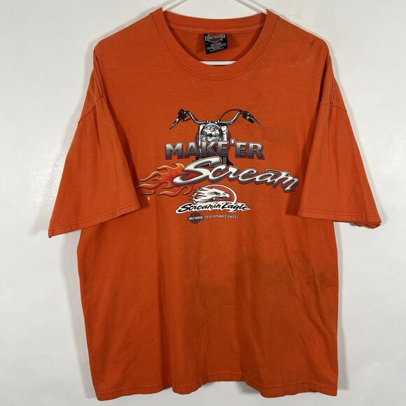 VTG 2001 Harley Davidson T Shirt Men XL Orange TNT Quincy IL Double Sided STAINS - Picture 2 of 15